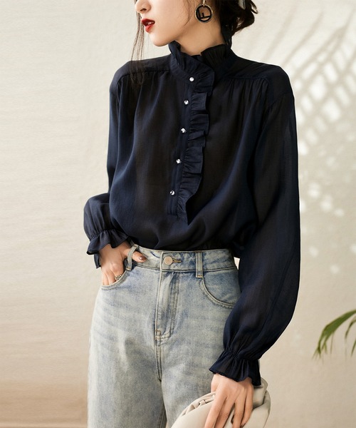 LOPASS(ロパス)の「キャンディースリーブ フリルアップ シャツブラウス(シャツ/ブラウス・レディース・ネイビー・LARGE/MEDIUM)」の6枚目の写真