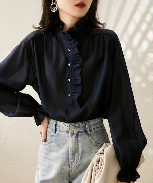 LOPASS(ロパス)の「キャンディースリーブ フリルアップ シャツブラウス(シャツ/ブラウス・レディース・ネイビー・LARGE/MEDIUM)」の11枚目の写真