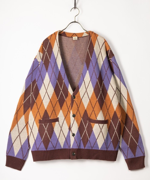 POWER TO THE PEOPLE(パワートゥーザピープル)の「グラニーニットルーズカーディガン/ビッグシルエット/総柄/レトロ(カーディガン/ボレロ・メンズ・パープル/ネイビー/オレンジ/ブラック/ベージュ・M/L/XL)」の5枚目の写真