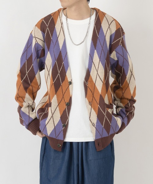 POWER TO THE PEOPLE(パワートゥーザピープル)の「グラニーニットルーズカーディガン/ビッグシルエット/総柄/レトロ(カーディガン/ボレロ・メンズ・パープル/ネイビー/オレンジ/ブラック/ベージュ・M/L/XL)」の8枚目の写真