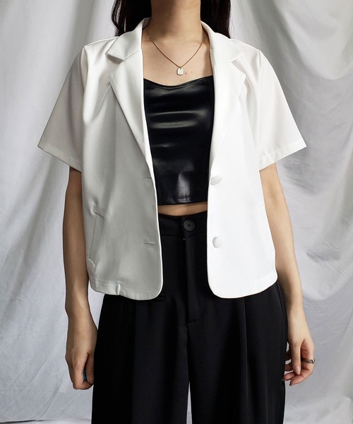 me+em select（ミームセレクト）の「【 ５色展開 】半袖ショートテーラードジャケット（テーラードジャケット・レディース・キャメル/ミント/ブラック/ブルー/ホワイト・FREE）」の7枚目の写真