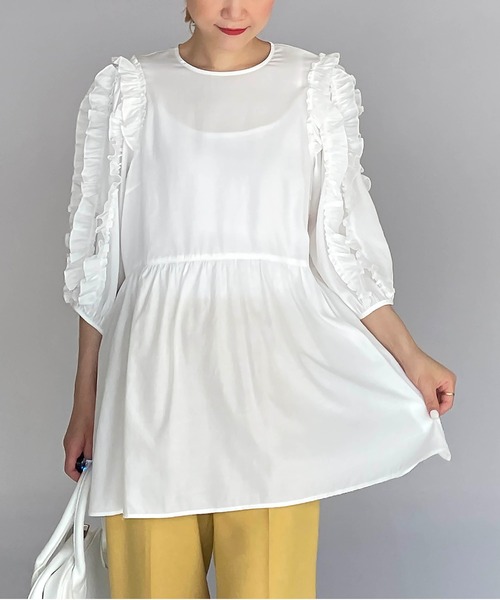 PICCIN（ピッチン）の「袖フリルブラウス（シャツ/ブラウス・レディース・ブラック/ダークグリーン/オフホワイト・M）」の2枚目の写真