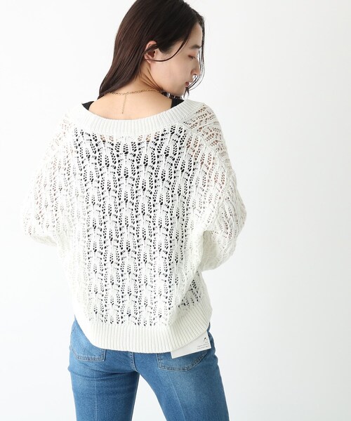 OPAQUE.CLIP（オペークドットクリップ）の「◆コットンMIX ローゲージ透かし編みVネックカーディガン（カーディガン/ボレロ・レディース・ブラック/ホワイト系/ダークグリーン・38）」の11枚目の写真