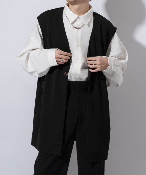 Adoon plain（アドーンプレーン）の「【Adoon plain】ノーカラーロングジレ(セットアップ対応)（ベスト・メンズ・ブラック/ブルーグレー/グレー系その他・MEDIUM/LARGE）」の4枚目の写真