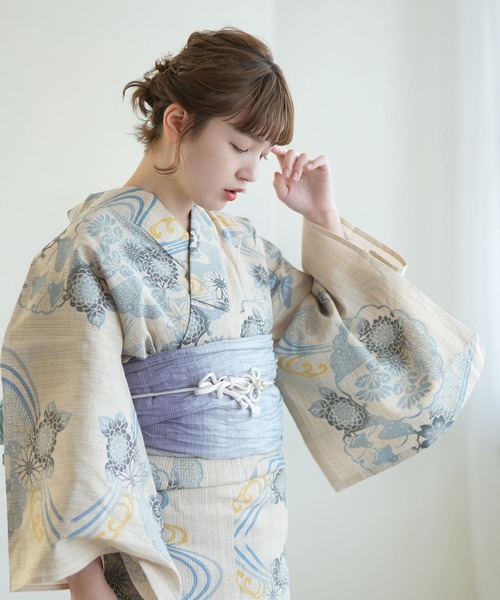 手染め注染浴衣3点セット utatane×注染工房 先染めベージュに雪輪流水