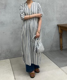 ボリュームスリーブストライプワンピース