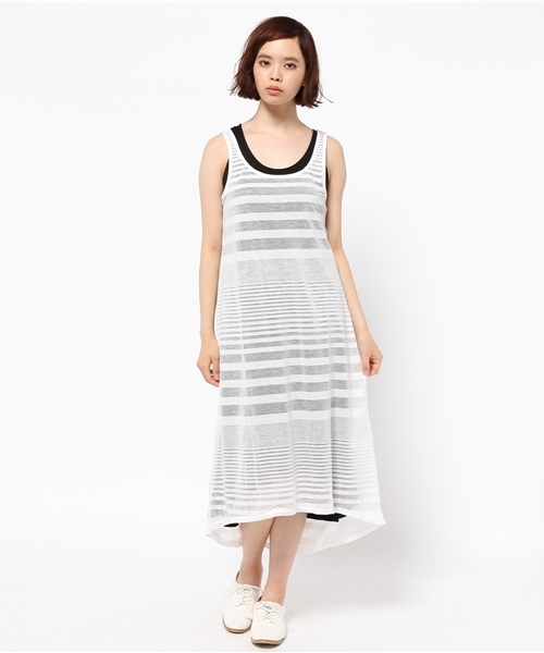 AZUL by moussy(アズールバイマウジー)の「オパールボーダーインナー付マキシOP(ワンピース・レディース・オフホワイト/カーキ系/ブラック・MEDIUM/SMALL/LARGE)」の14枚目の写真
