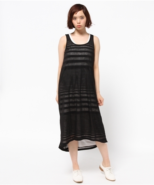 AZUL by moussy(アズールバイマウジー)の「オパールボーダーインナー付マキシOP(ワンピース・レディース・オフホワイト/カーキ系/ブラック・MEDIUM/SMALL/LARGE)」の15枚目の写真