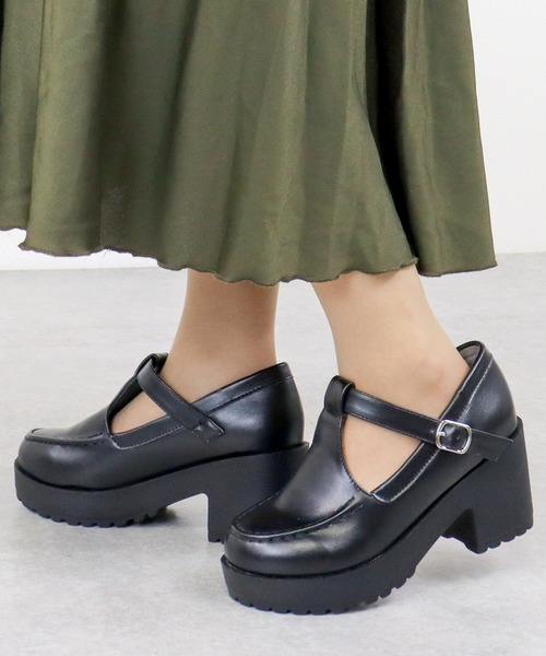 LibertyDoll(リバティードール)の「Liberty doll / 8cm厚底 チャンキーヒール モカTストラップシューズ (3057)(ローファー・レディース・ブラック/ブラック系その他/ダークブラウン・SS/S/M/L/LL)」の1枚目の写真