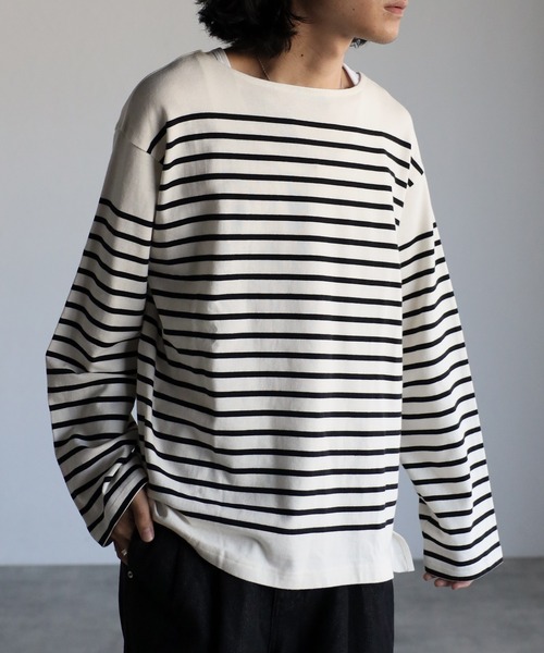 CREARE -LINO-（クレアーレリノ）の「【USAコットン】ヘビーウエイト オーバーサイズ ルーズ ボーダー バスク ロンT <ユニセックス>（Tシャツ/カットソー・メンズ・オフホワイト/ネイビー/ブラック/ホワイト/チャコールグレー・L/M）」の2枚目の写真