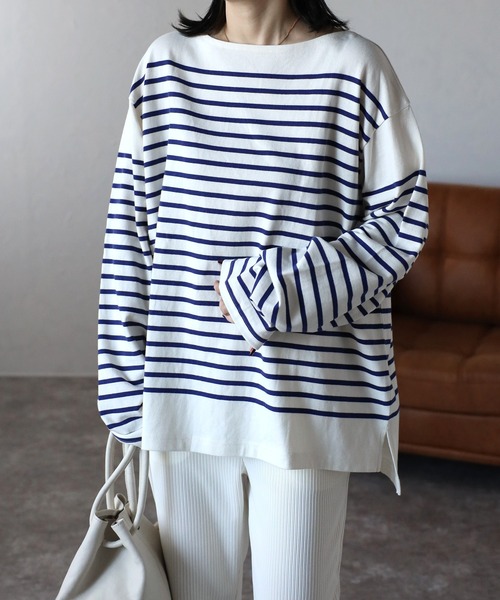 CREARE -LINO-（クレアーレリノ）の「【USAコットン】ヘビーウエイト オーバーサイズ ルーズ ボーダー バスク ロンT <ユニセックス>（Tシャツ/カットソー・メンズ・オフホワイト/ネイビー/ブラック/ホワイト/チャコールグレー・L/M）」の6枚目の写真