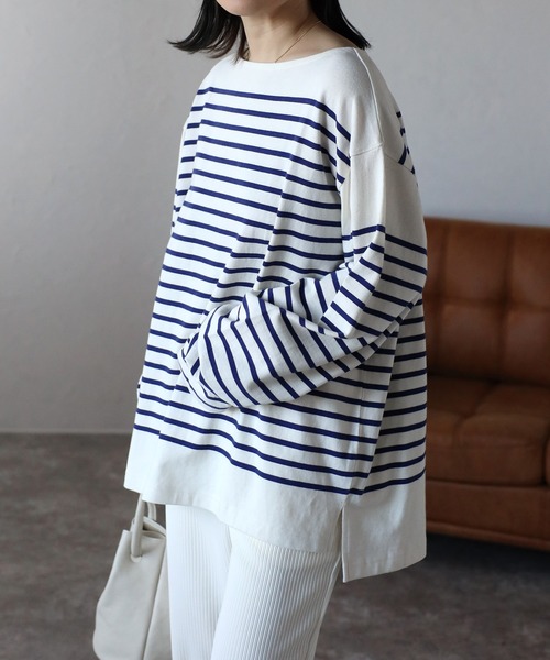 CREARE -LINO-（クレアーレリノ）の「【USAコットン】ヘビーウエイト オーバーサイズ ルーズ ボーダー バスク ロンT <ユニセックス>（Tシャツ/カットソー・メンズ・オフホワイト/ネイビー/ブラック/ホワイト/チャコールグレー・L/M）」の7枚目の写真