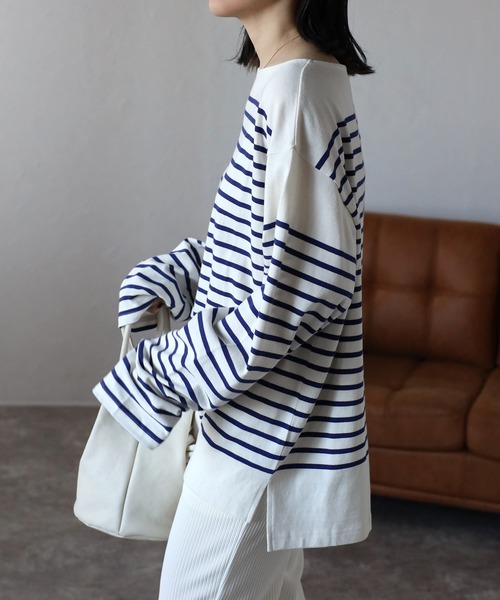 CREARE -LINO-（クレアーレリノ）の「【USAコットン】ヘビーウエイト オーバーサイズ ルーズ ボーダー バスク ロンT <ユニセックス>（Tシャツ/カットソー・メンズ・オフホワイト/ネイビー/ブラック/ホワイト/チャコールグレー・L/M）」の8枚目の写真