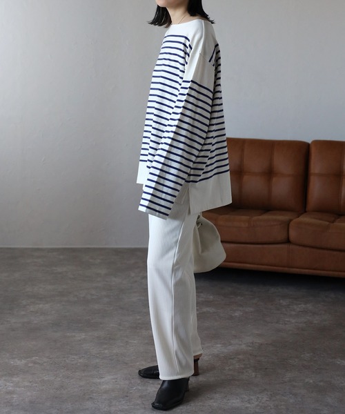 CREARE -LINO-（クレアーレリノ）の「【USAコットン】ヘビーウエイト オーバーサイズ ルーズ ボーダー バスク ロンT <ユニセックス>（Tシャツ/カットソー・メンズ・オフホワイト/ネイビー/ブラック/ホワイト/チャコールグレー・L/M）」の12枚目の写真