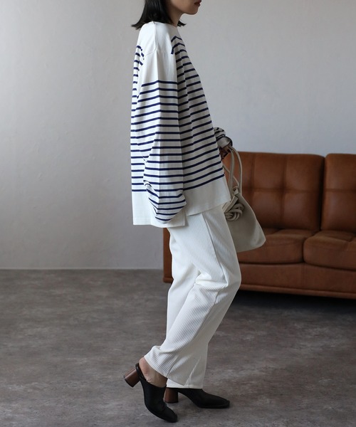 CREARE -LINO-（クレアーレリノ）の「【USAコットン】ヘビーウエイト オーバーサイズ ルーズ ボーダー バスク ロンT <ユニセックス>（Tシャツ/カットソー・メンズ・オフホワイト/ネイビー/ブラック/ホワイト/チャコールグレー・L/M）」の13枚目の写真