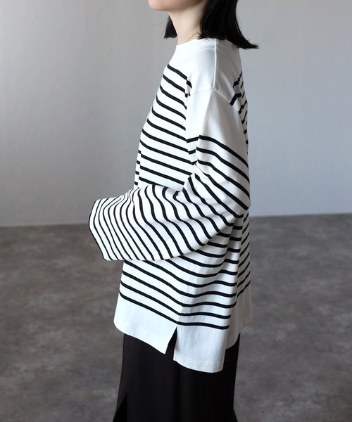 CREARE -LINO-（クレアーレリノ）の「【USAコットン】ヘビーウエイト オーバーサイズ ルーズ ボーダー バスク ロンT <ユニセックス>（Tシャツ/カットソー・メンズ・オフホワイト/ネイビー/ブラック/ホワイト/チャコールグレー・L/M）」の16枚目の写真