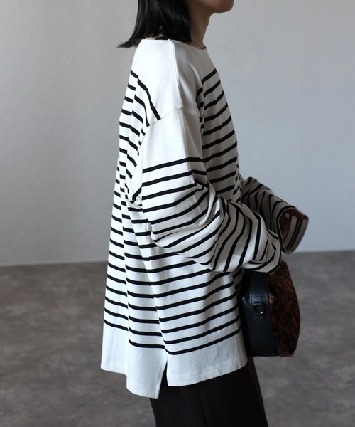 CREARE -LINO-（クレアーレリノ）の「【USAコットン】ヘビーウエイト オーバーサイズ ルーズ ボーダー バスク ロンT <ユニセックス>（Tシャツ/カットソー・メンズ・オフホワイト/ネイビー/ブラック/ホワイト/チャコールグレー・L/M）」の17枚目の写真