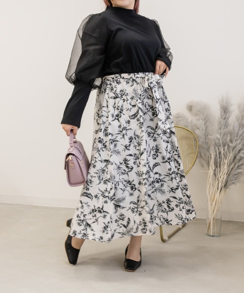 CLETTE（クレット）の「袖オーガンジー花柄ドッキングワンピース（ワンピース・レディース・ブラック系/アイボリー系・4L/LL/3L）」の3枚目の写真