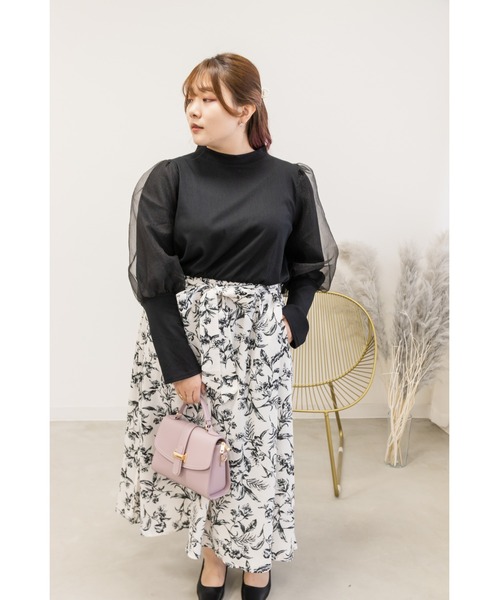 CLETTE（クレット）の「袖オーガンジー花柄ドッキングワンピース（ワンピース・レディース・ブラック系/アイボリー系・4L/LL/3L）」の5枚目の写真