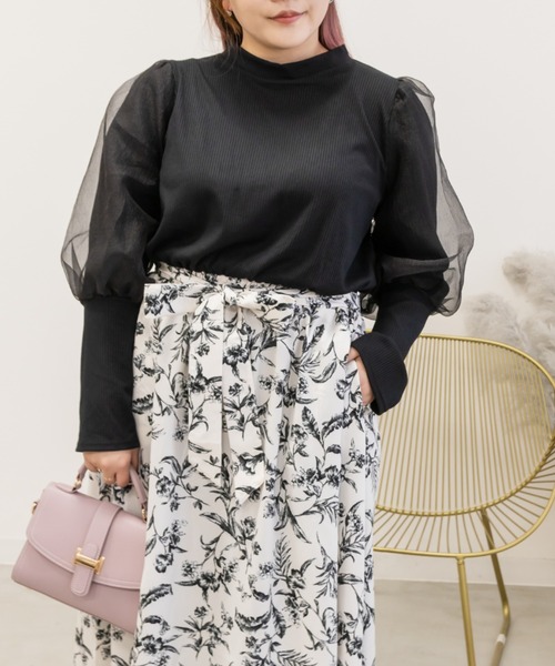 CLETTE（クレット）の「袖オーガンジー花柄ドッキングワンピース（ワンピース・レディース・ブラック系/アイボリー系・4L/LL/3L）」の6枚目の写真
