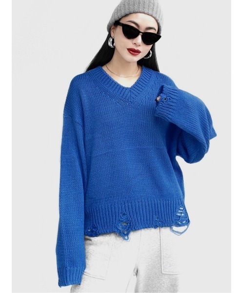 【未使用】 14th addiction ダメージ Vネック ニット トップス LVEU.（ラブユ.）の「【LVEU.】Vネックダメージニットトップス(Ai