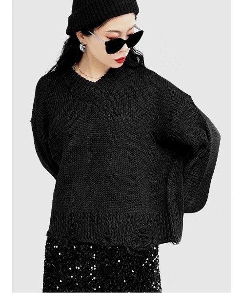 【未使用】 14th addiction ダメージ Vネック ニット トップス LVEU.（ラブユ.）の「【LVEU.】Vネックダメージニットトップス(Ai