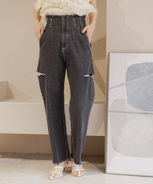 mysty woman（ミスティウーマン）の「サイドスリットハイウエストデニムパンツ 996921（デニムパンツ・レディース・ネイビー/ブラック・FREE）」の2枚目の写真