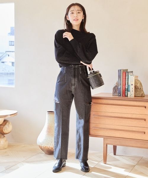 mysty woman（ミスティウーマン）の「サイドスリットハイウエストデニムパンツ 996921（デニムパンツ・レディース・ネイビー/ブラック・FREE）」の4枚目の写真