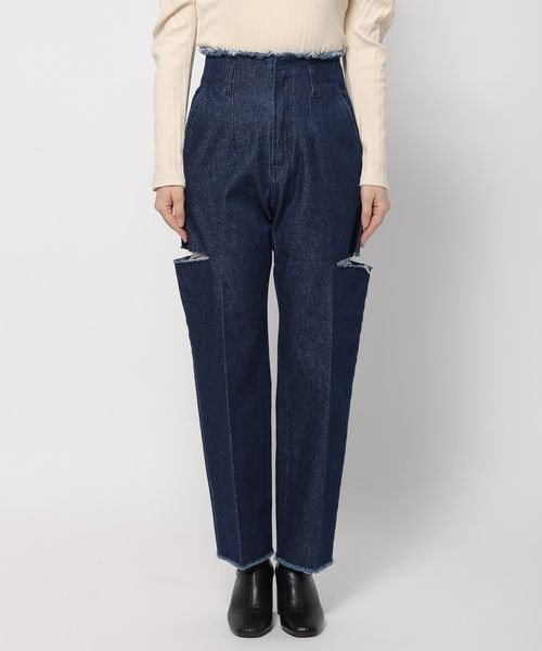 mysty woman（ミスティウーマン）の「サイドスリットハイウエストデニムパンツ 996921（デニムパンツ・レディース・ネイビー/ブラック・FREE）」の7枚目の写真