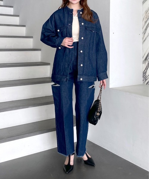 mysty woman（ミスティウーマン）の「サイドスリットハイウエストデニムパンツ 996921（デニムパンツ・レディース・ネイビー/ブラック・FREE）」の18枚目の写真