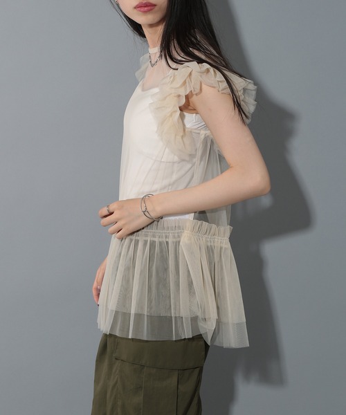 SETUP7（セットアップセブン）の「【SETUP7】ソフトチュールフリルノースリーブブラウス trc（シャツ/ブラウス・レディース・ブラック/クリーム・FREE）」の4枚目の写真
