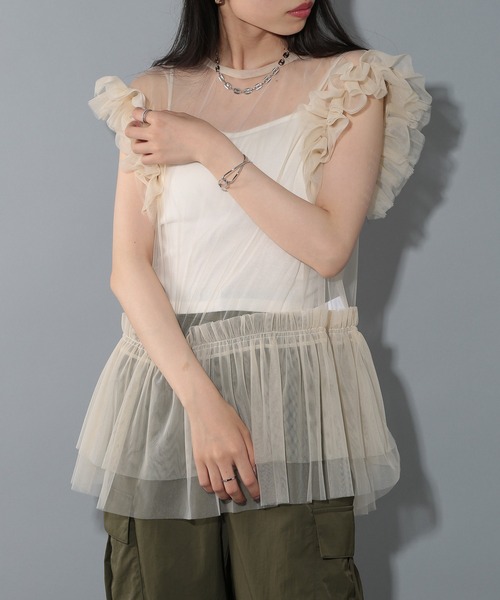 SETUP7（セットアップセブン）の「【SETUP7】ソフトチュールフリルノースリーブブラウス trc（シャツ/ブラウス・レディース・ブラック/クリーム・FREE）」の3枚目の写真