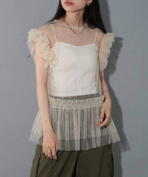 SETUP7（セットアップセブン）の「【SETUP7】ソフトチュールフリルノースリーブブラウス trc（シャツ/ブラウス・レディース・ブラック/クリーム・FREE）」の7枚目の写真