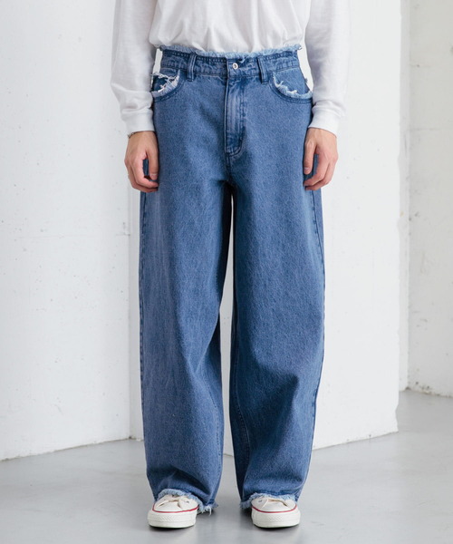 SENSE OF PLACE by URBAN RESEARCH（センスオブプレイスバイアーバンリサーチ）の「デニムフリンジワイドパンツ（デニムパンツ・メンズ・ライトインディゴブルー/ブラック・LARGE/MEDIUM）」の16枚目の写真