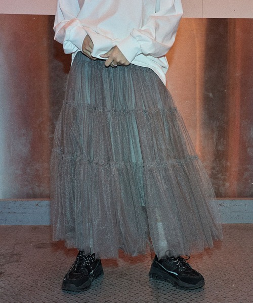 ELLEgirl（エルガール）の「チュールティアードスカート【ELLEgirl/エル ガール】（スカート・レディース・チャコールグレー/ベージュ/ブルー・FREE）」の2枚目の写真