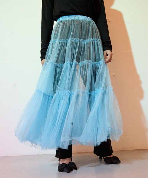 ELLEgirl（エルガール）の「チュールティアードスカート【ELLEgirl/エル ガール】（スカート・レディース・チャコールグレー/ベージュ/ブルー・FREE）」の3枚目の写真