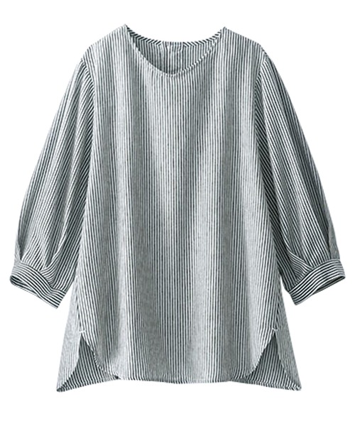 BELLUNA PLUS(ベルーナ)の「リネン混バックボタンブラウス(シャツ/ブラウス・レディース・ストライプ/コーラル/ホワイト系その他/エメラルド・MEDIUM/X-LARGE/LARGE)」の4枚目の写真