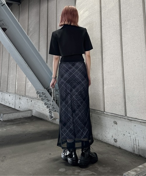 jiasecond.】チェック柄シアーレイヤードタイトスカート