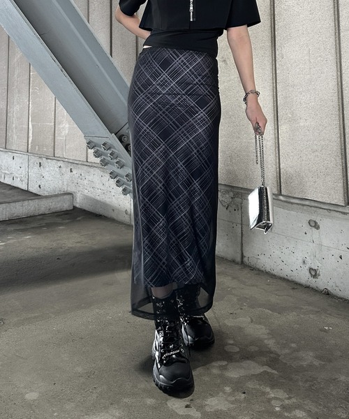 jiasecond.】チェック柄シアーレイヤードタイトスカート