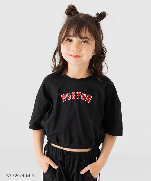 極美品　MLB ロゴ ショート丈半袖Tシャツ　黒　メジャーリーグベースボール　L セール】MLB ロゴ ショート丈Tシャツ（Tシャツ/カットソー
