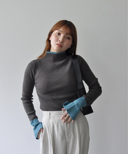 スリット リブニット レディース 春秋冬 バイカラー プル