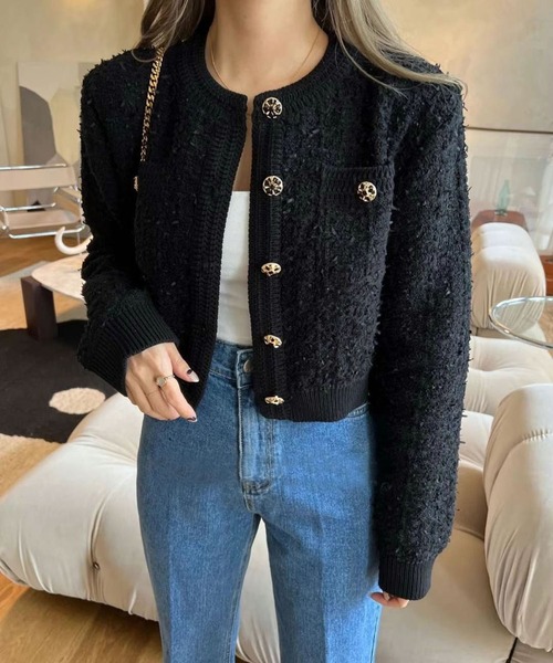 leune（ルネ）の「ツイード風ニットクロップドジャケット/ニット