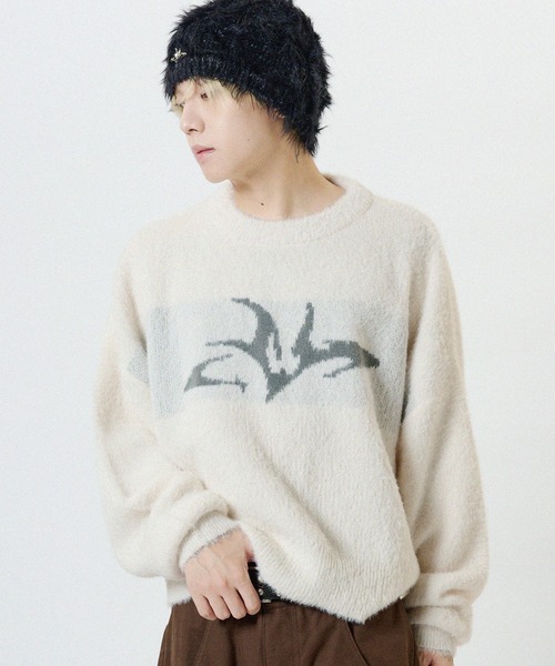 MSG(エムエスジー)の「フェザーグラフィックショートニット【UNISEX】(ニット/セーター・メンズ・ブラック/ブラウン/チャコール/グレー/ワイン/ホワイト・L/M/S/XL)」の2枚目の写真