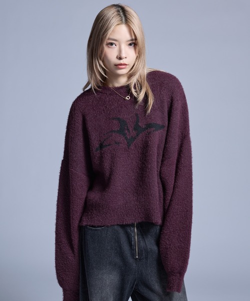 MSG（エムエスジー）の「フェザーグラフィックショートニット【UNISEX】（ニット/セーター・メンズ・ブラック/ブラウン/チャコール/グレー/ワイン・L/M/S/XL）」の5枚目の写真