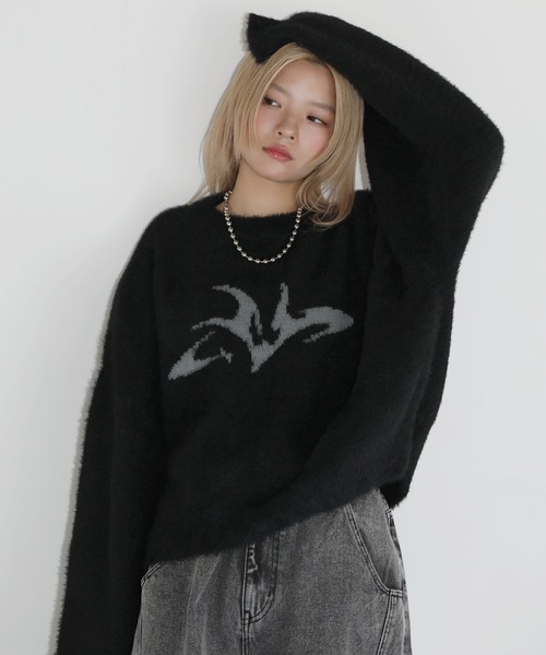 MSG（エムエスジー）の「フェザーグラフィックショートニット【UNISEX】（ニット/セーター・メンズ・ブラック/ブラウン/チャコール/グレー/ワイン・L/M/S/XL）」の9枚目の写真