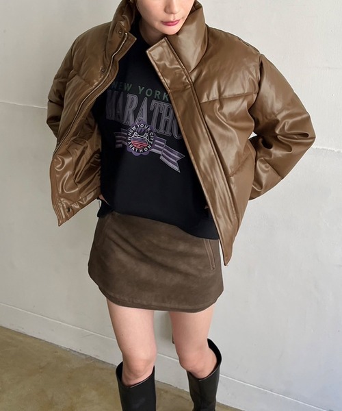 Jewelobe（ジュエローブ）の「シンセティックレザー中綿ブルゾン（ダウンジャケット/コート・レディース・オフホワイト/ブラウン/カーキ/ブラック・FREE）」の3枚目の写真