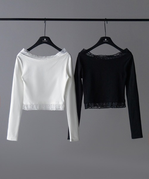セール】※※【 2color 】レース切替オフショルダートップス