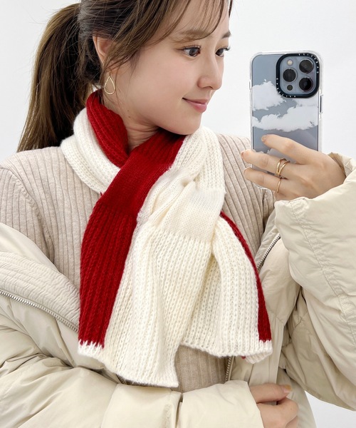 セール】バイカラー リブ ニット リボン ループ マフラー