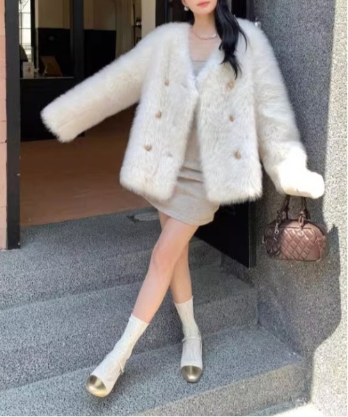 グレー ファー風 テーラードジャケット Man's Sapphire Fox Fur Trench Coat