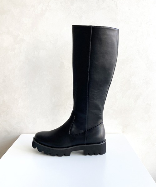 美品✨厚底 サイドゴア ロングブーツ スニーカーソール タンク ブラック セール】＼ 厚底 細見え ／太め タンクソール ロングブーツ /31484